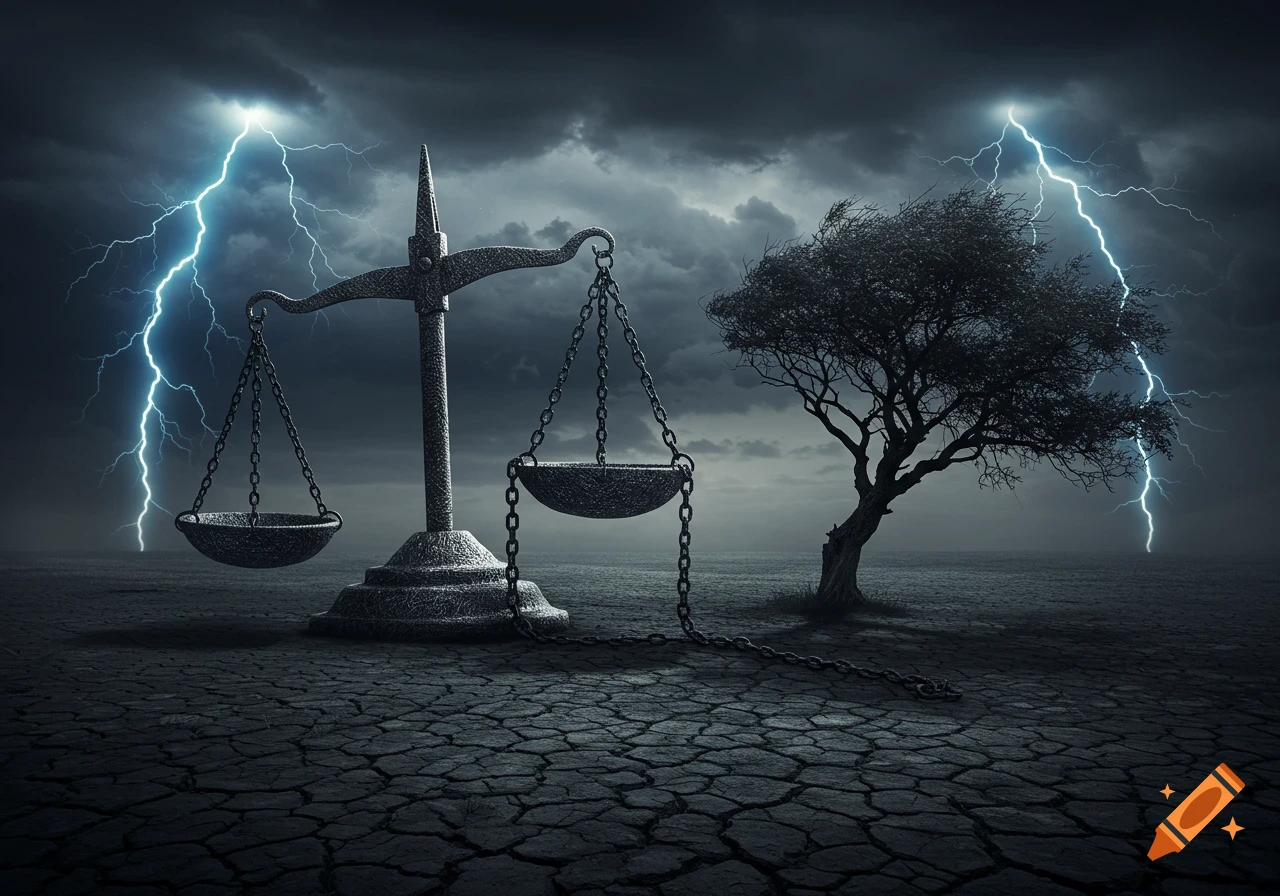 A somber image of a balance scale and a bare tree on cracked ground under a stormy sky with striking lightning.