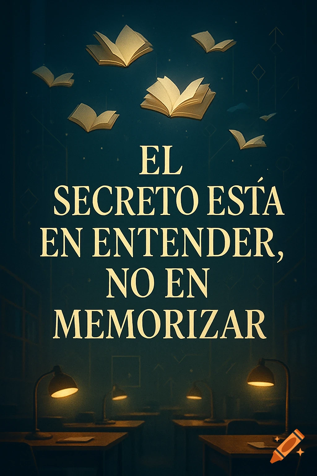 An inspirational quote 'The secret is to understand, not to memorize' in a dark, elegant library with glowing books and study lamps.