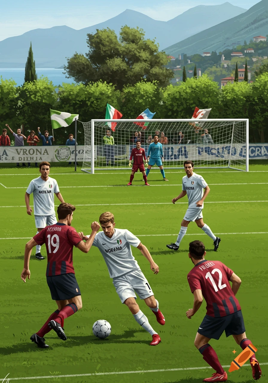 An illustration of a football match on a green field with players in white and red jerseys, a goal, and spectators in the background. Mountains and a lake are visible in the distance under a blue sky.
