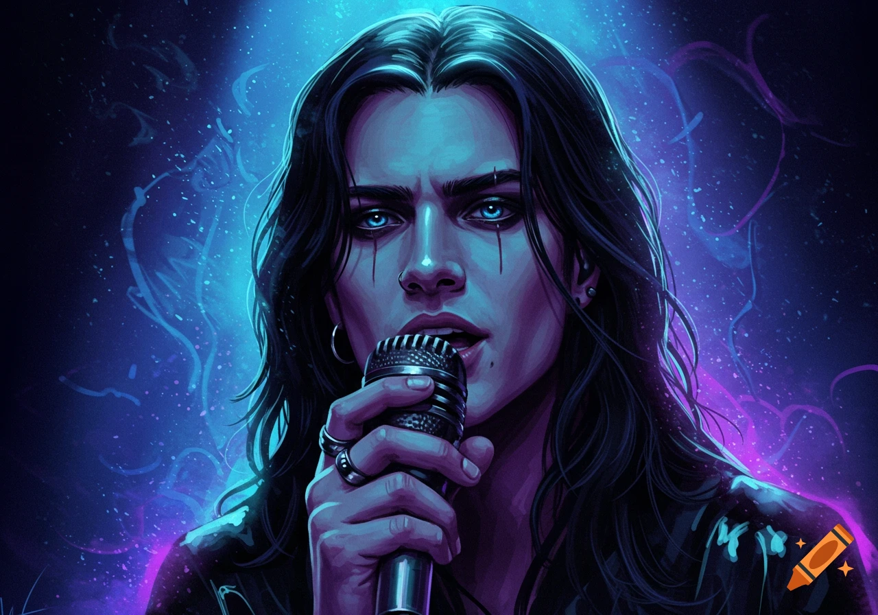 Digital art portrait of a black-haired person with glowing blue eyes holding a microphone, surrounded by vibrant blue and purple light.