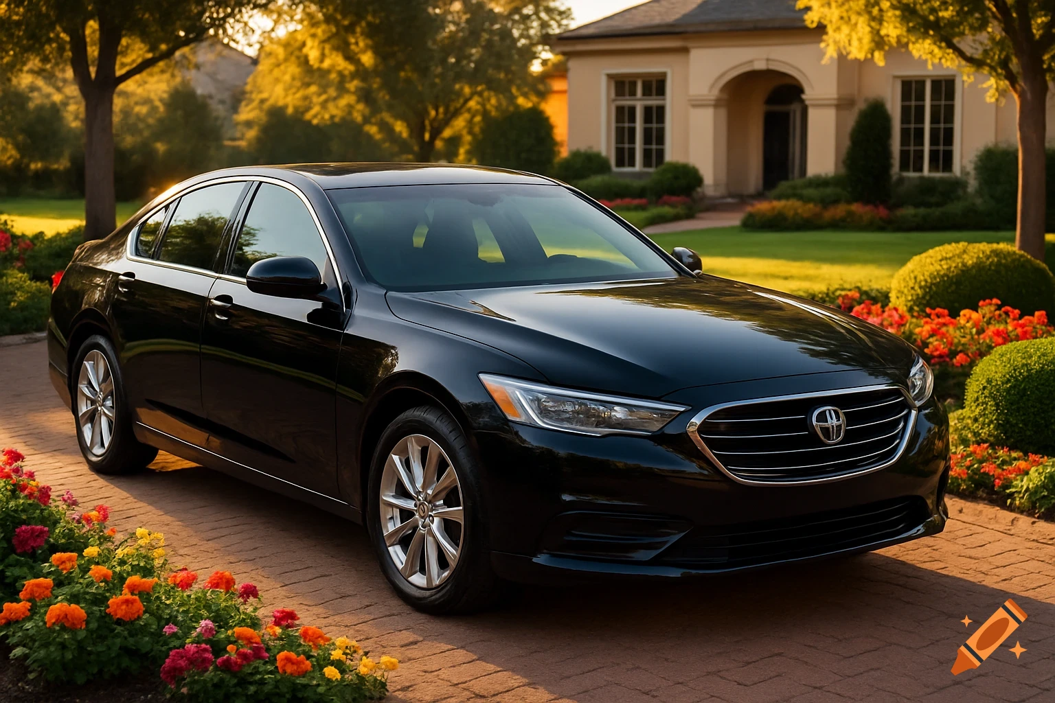 A black sedan car parked on a brick driveway in front of a large house with a lush garden during golden hour.