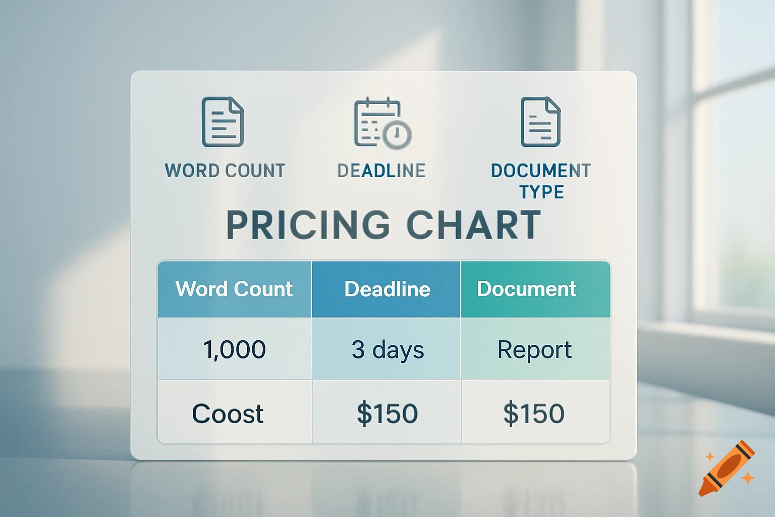 A clean, modern pricing chart displaying word count, deadline, and document type. Set against a blurred window background.