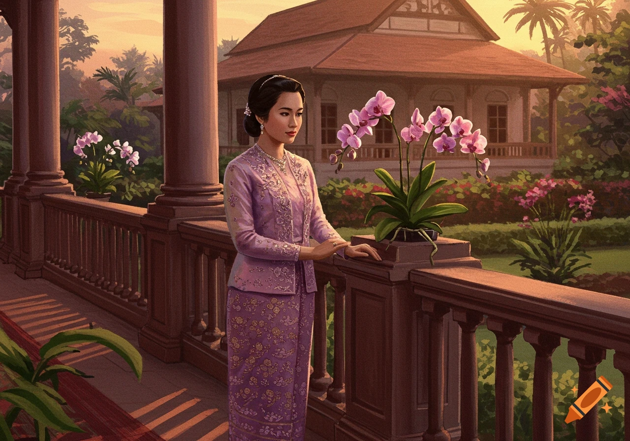 A woman in a lavender traditional Burmese dress stands on a balcony with orchids and a traditional house at sunset in a painting.
