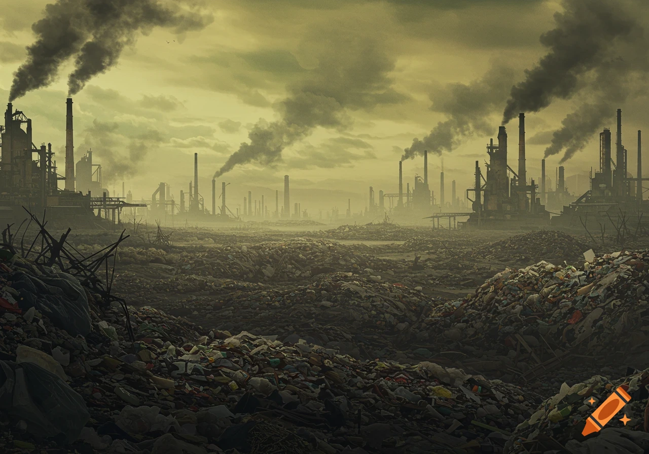 Dystopian landscape of a polluted wasteland covered in garbage with smoking factories under a dark, hazy sky.