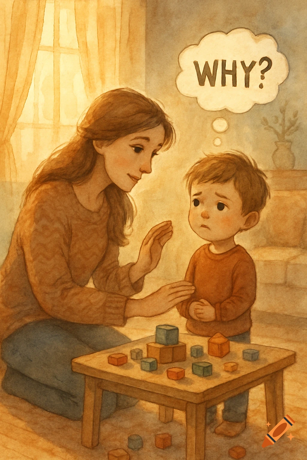 A mother comforts a sad child with a thought bubble saying 'WHY?' in a warm watercolor illustration.