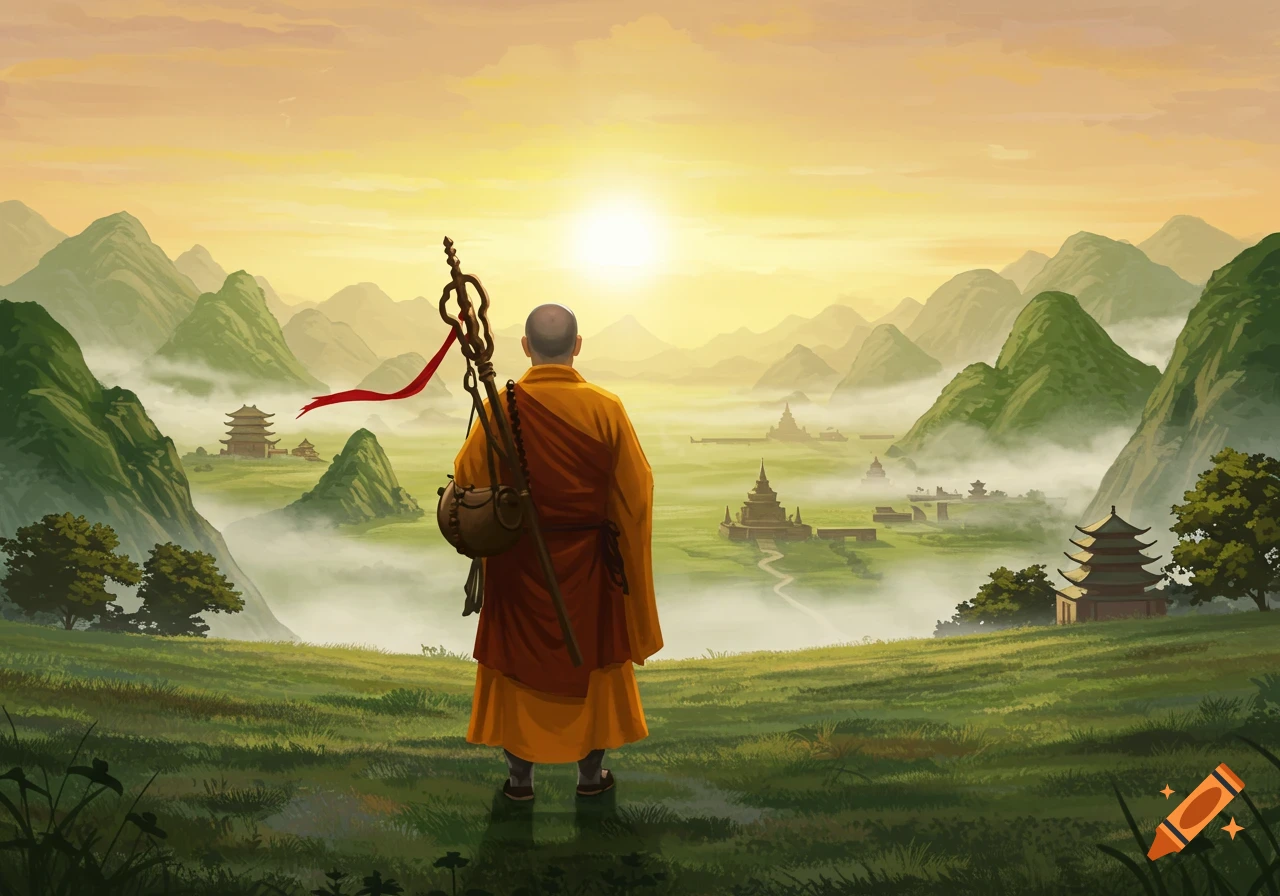 A monk in orange robes stands on a grassy hill, looking at a sunrise over misty mountains and traditional Asian temples.