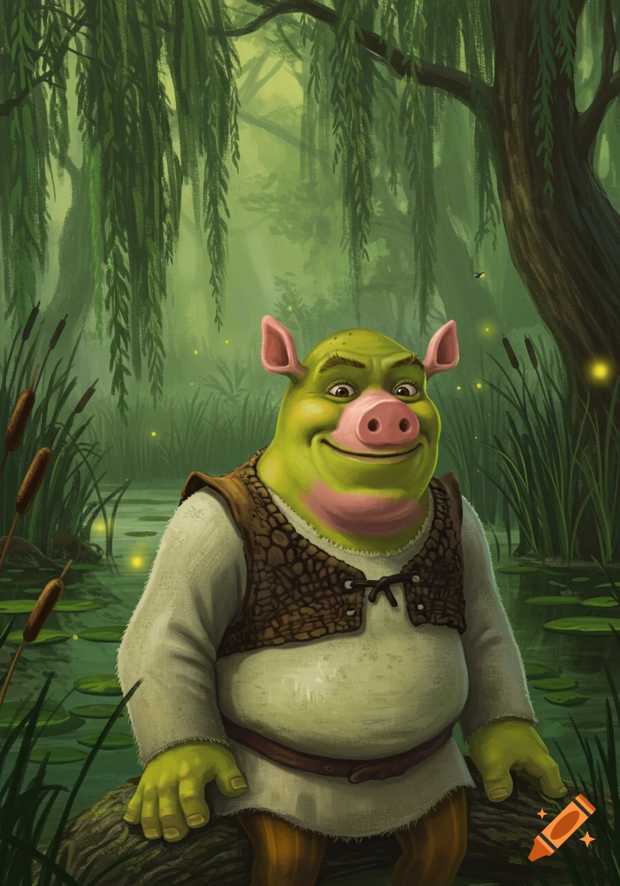 A green ogre with pig features sits smiling on a log in a lush, dark swamp.