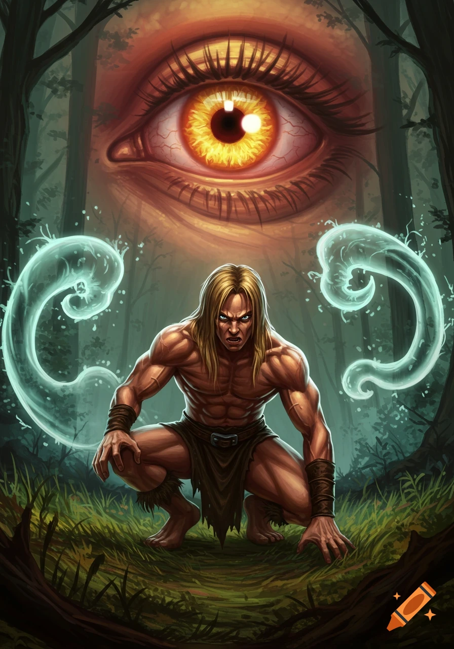 A muscular, blonde barbarian hunched in a forest, staring intensely. A giant, fiery eye looms above him in this fantasy illustration.