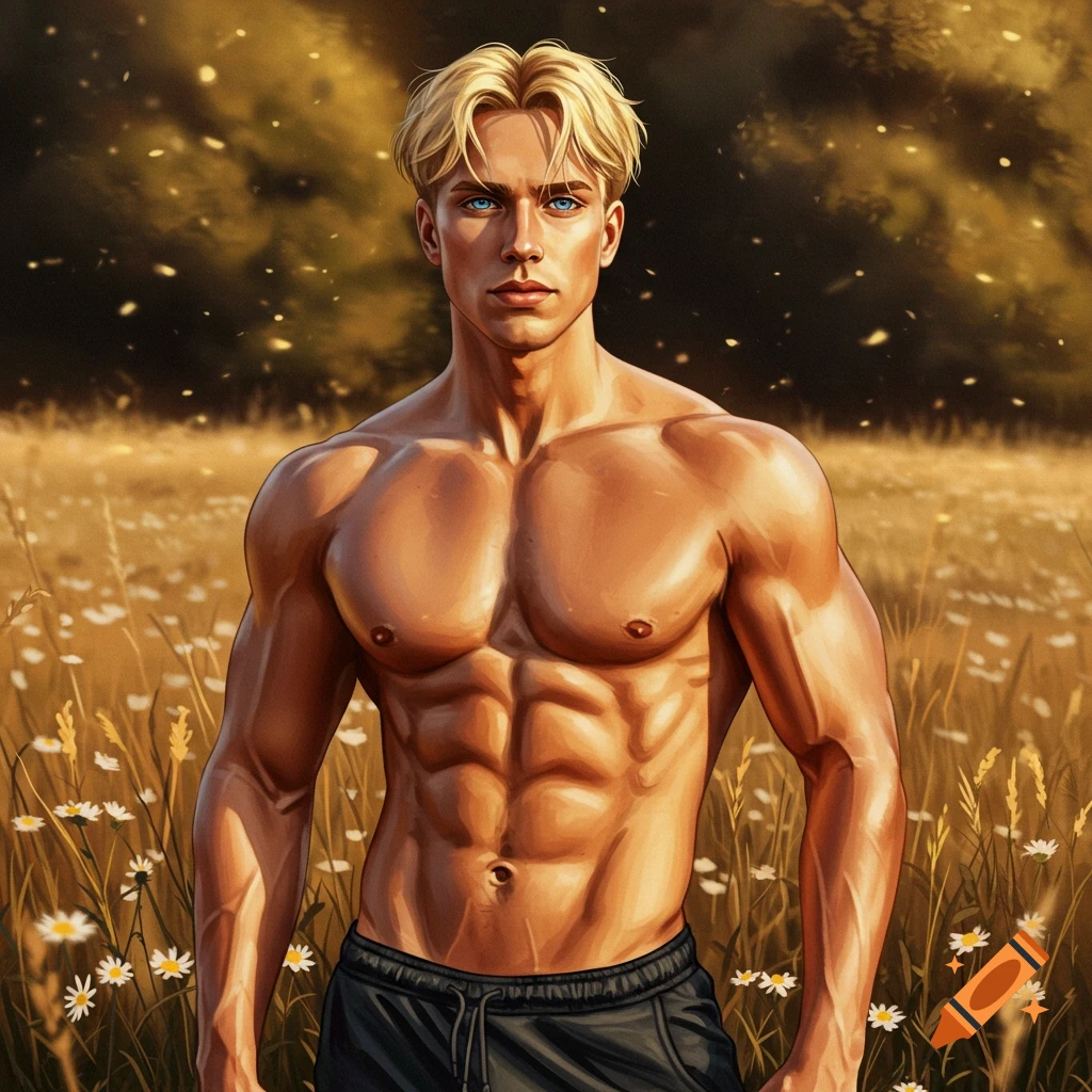 Stylized illustration of a muscular blonde man with blue eyes, shirtless, standing in a sunny field with wildflowers.