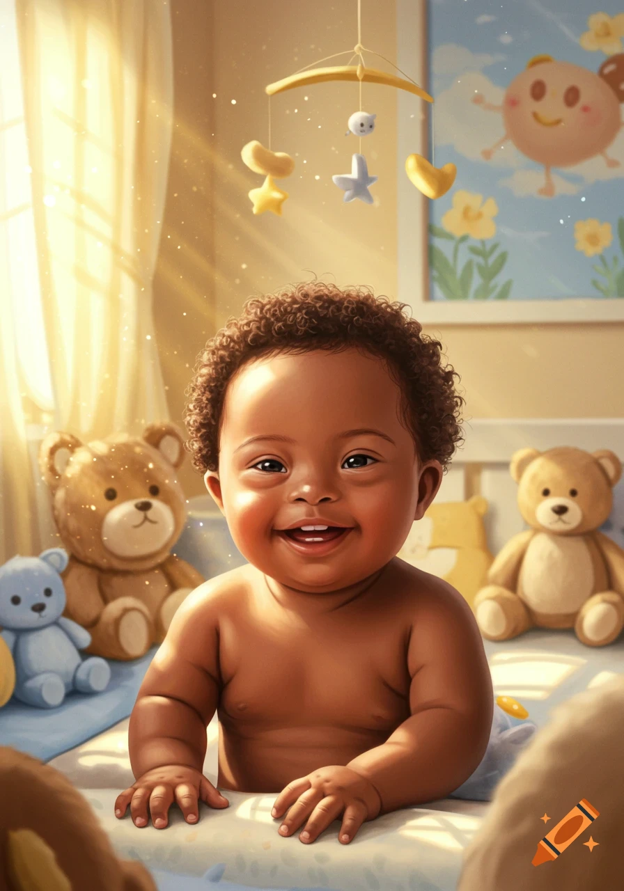 A happy baby with dark skin and curly hair smiles in a sunlit crib surrounded by teddy bears and a mobile.
