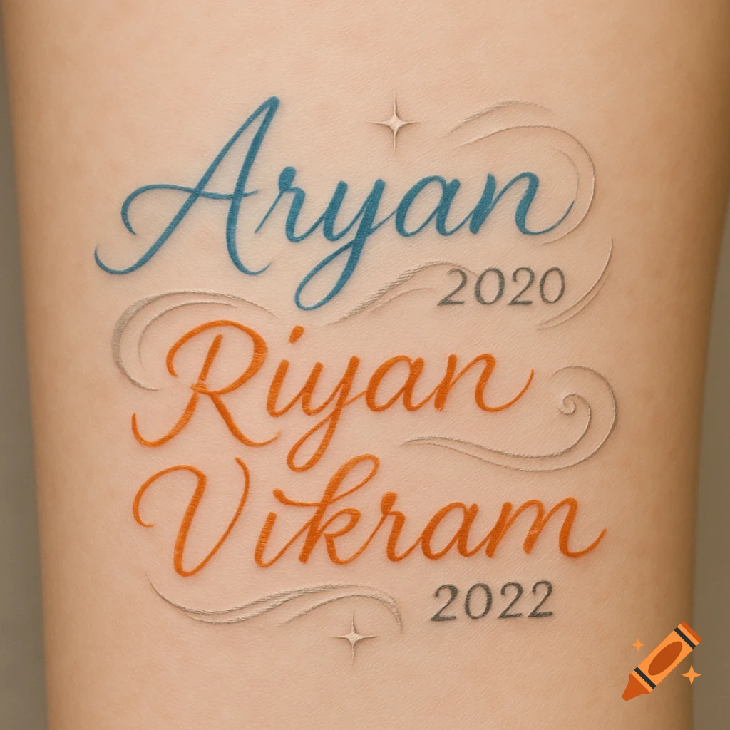 Close-up of a tattoo on skin, showing names 'Aryan 2020' in blue and 'Riyan Vikram 2022' in orange script with decorative swirls.