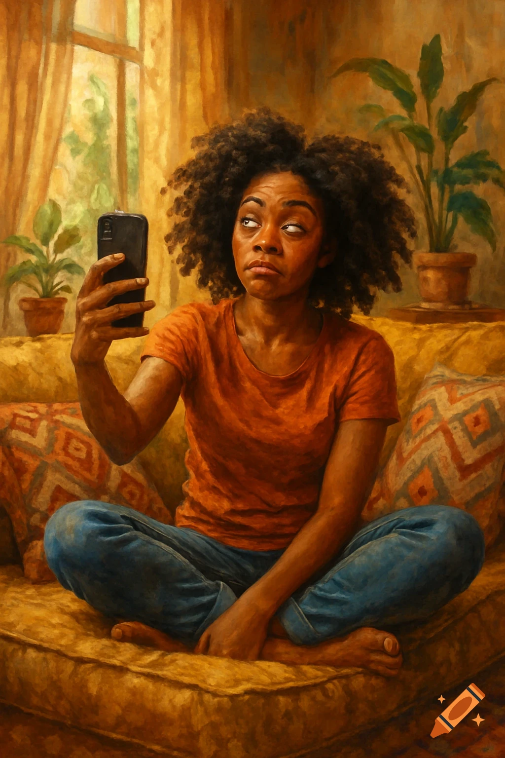 A painterly image of a Black young woman sitting cross-legged on a couch, rolling her eyes while looking at her phone.