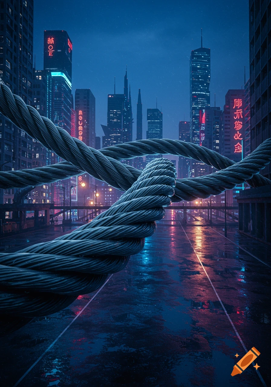 Close-up of twisted steel ropes with a dark, futuristic cyberpunk cityscape with neon lights and wet reflections at night in the background.