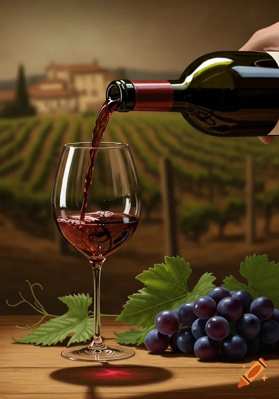 Red wine pouring from a bottle into a glass, with fresh grapes and a vineyard in the background.