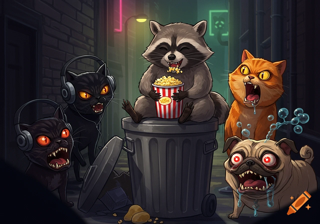 A cheerful raccoon eats popcorn on a trash bin as two angry black cats, an orange cat, and a pug dog foam at the mouth in a dark alley.