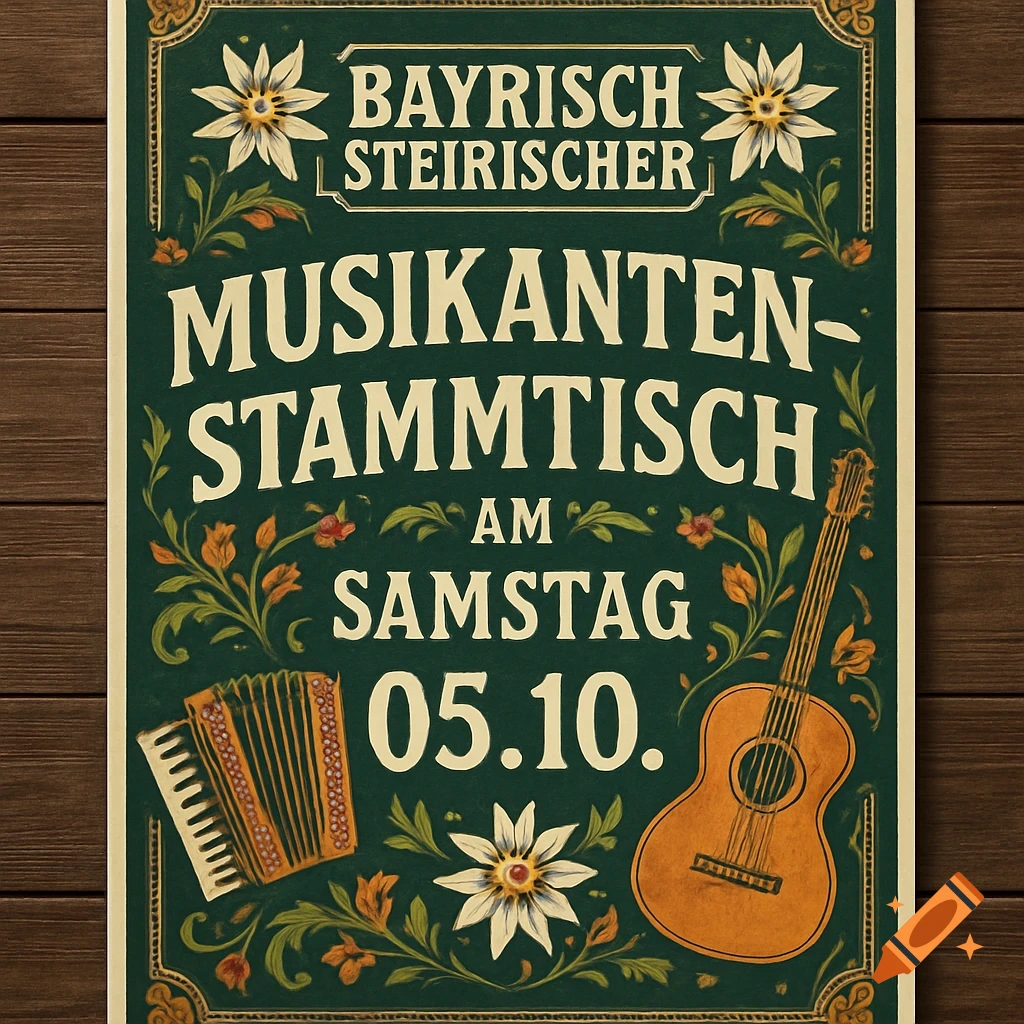 Vintage-style green poster for a 'Musikantenstammtisch' event, featuring an accordion, guitar, edelweiss flowers, and ornate text.