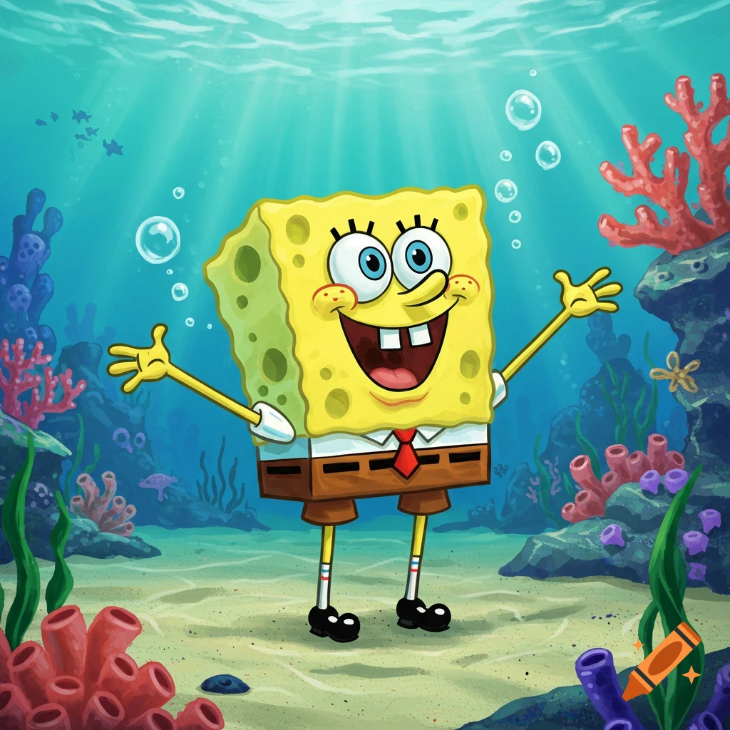 SpongeBob SquarePants smiles with arms outstretched on the sandy ocean floor amidst colorful coral and bubbles.