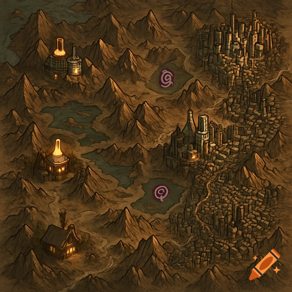 A detailed fantasy map of a rocky, urban landscape featuring mountains, swamps, a sprawling city, and various structures.