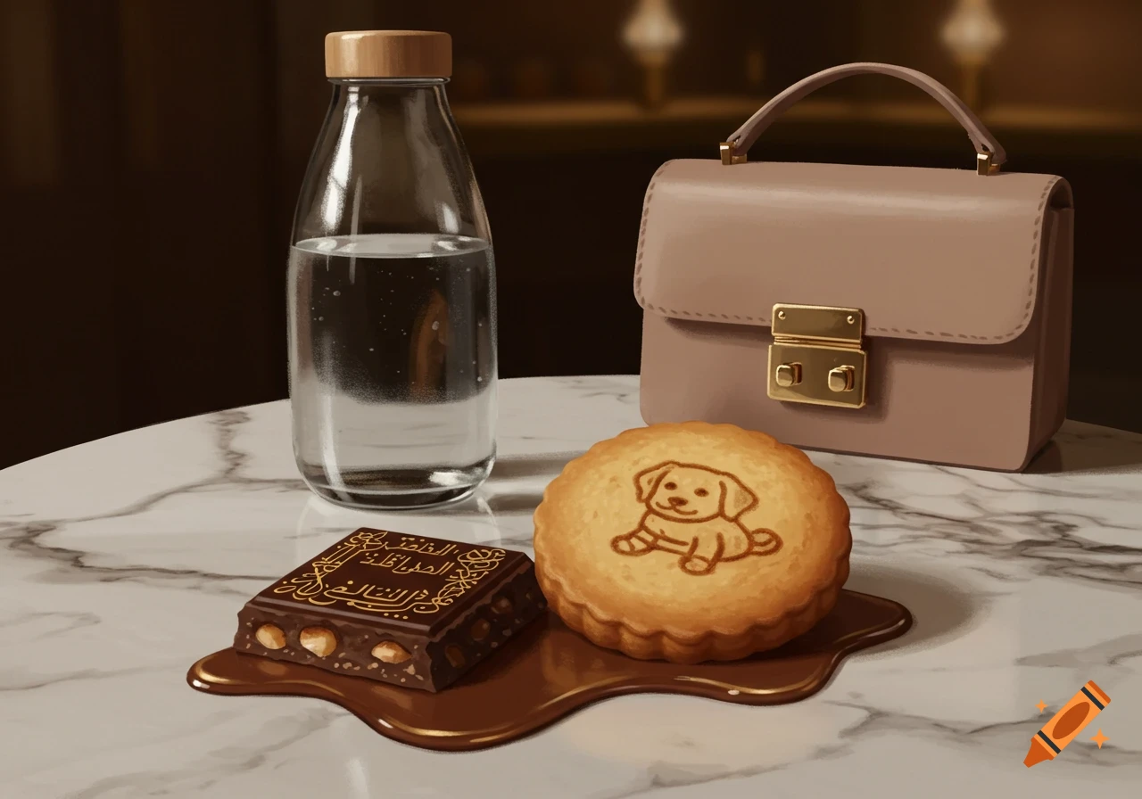 A still life illustration featuring a clear water bottle, a beige handbag, a chocolate bar, and a round cookie with a puppy illustration on a marble table.