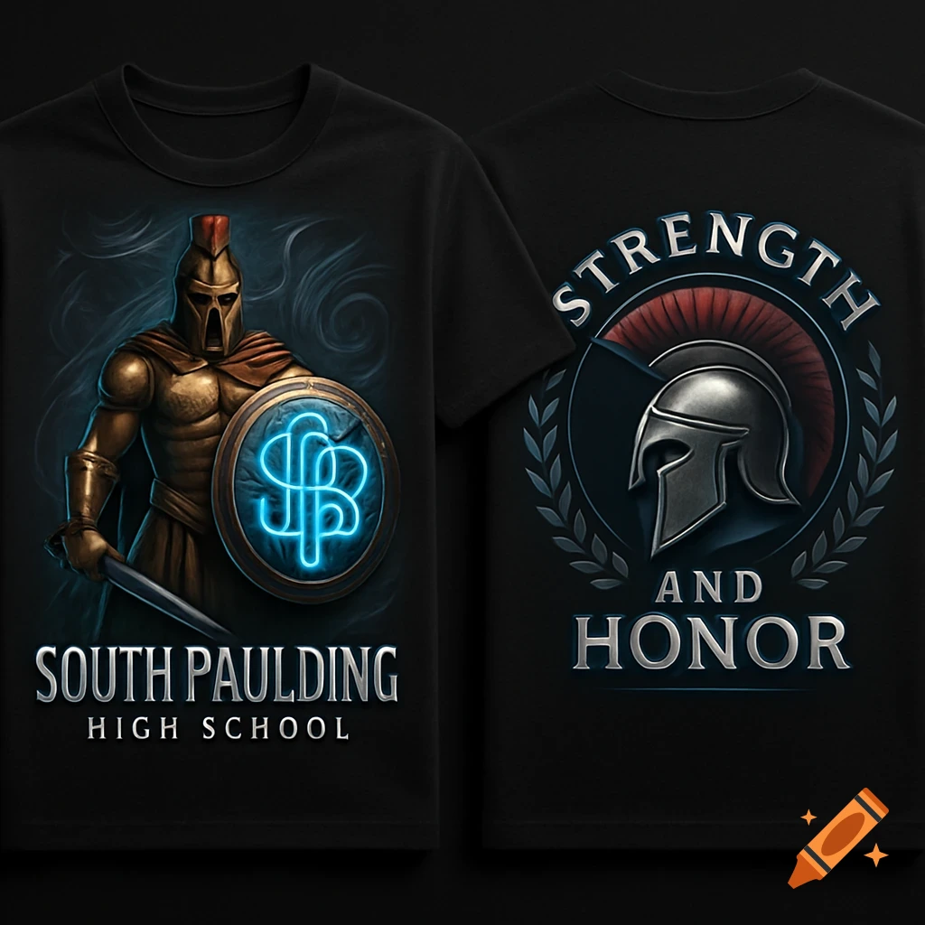 Black t-shirt with front and back designs: a Spartan warrior holding a glowing shield with 'SOUTH PAULDING HIGH SCHOOL' on the front, and a Spartan helmet with 'STRENGTH AND HONOR' on the back.