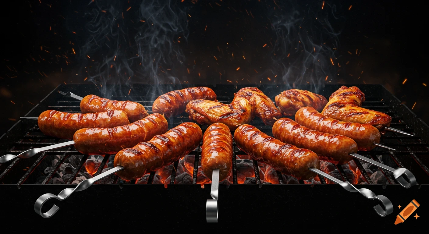 Grilled sausages and chicken wings on skewers cooking over hot coals on a barbecue grill against a dark, smoky background with sparks.