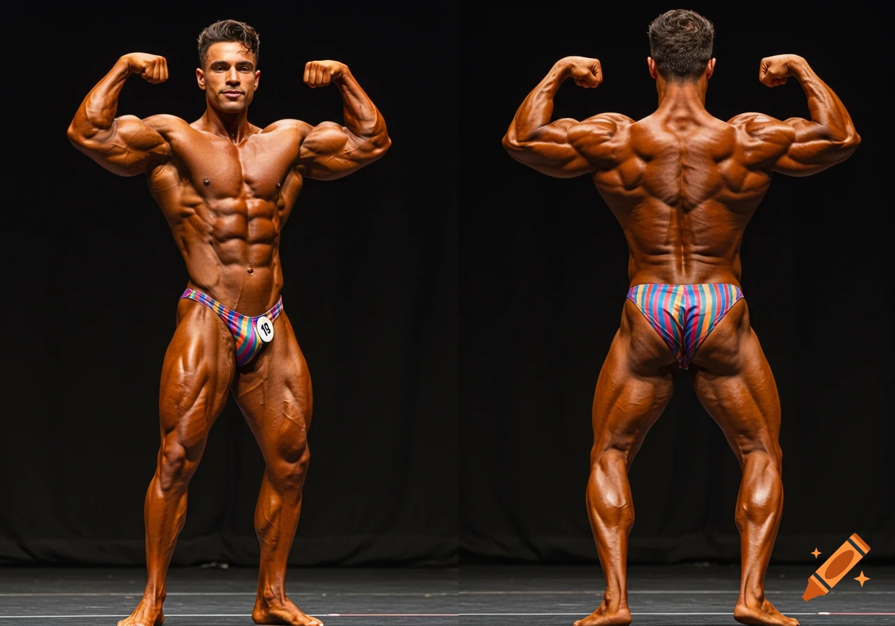 Diptych photo of a muscular male bodybuilder in rainbow posing trunks, showing front and back double bicep poses under stage lights.