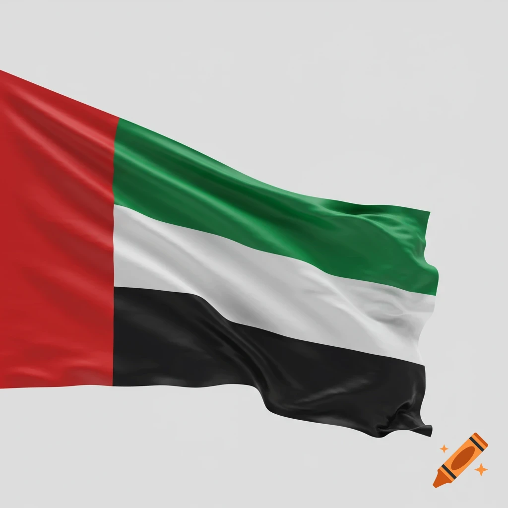 The flag of the United Arab Emirates, with red, green, white, and black stripes, waving against a white background.