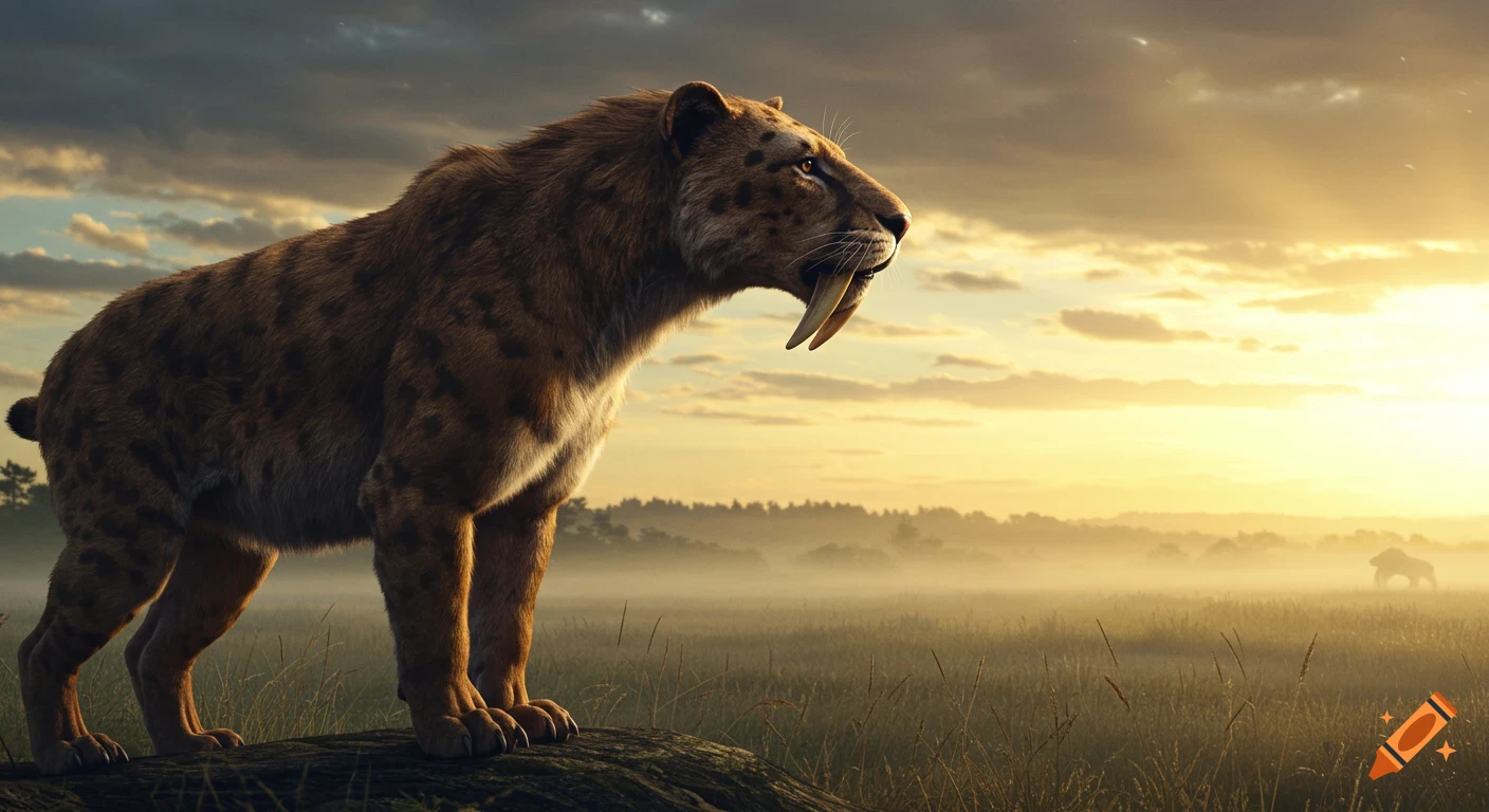A photorealistic saber-toothed tiger stands on a hill overlooking a misty prehistoric prairie at dawn.
