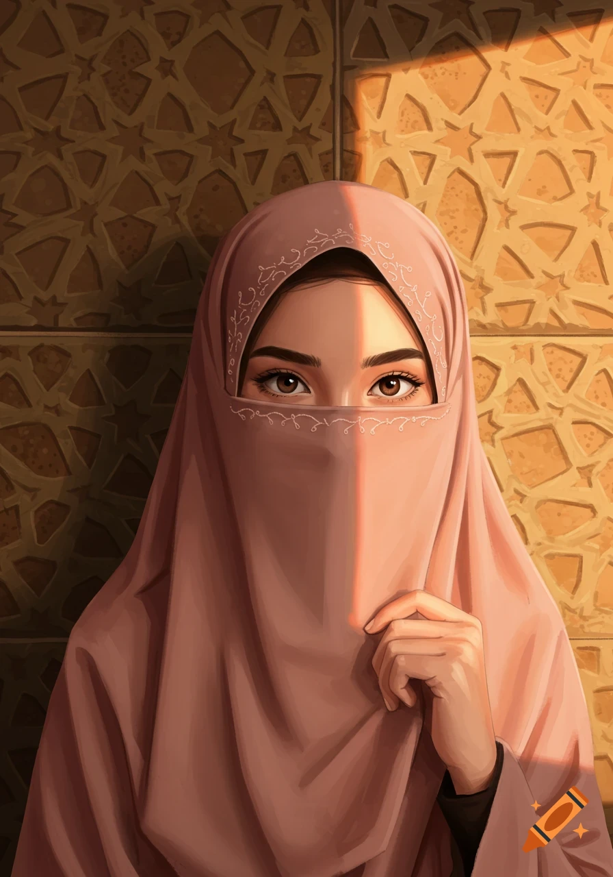 Digital art portrait of a woman in a pink niqab, her eyes illuminated by a ray of sunlight against a patterned wall.