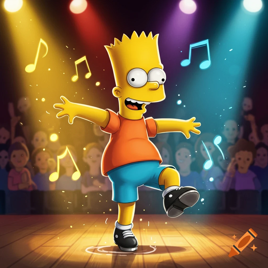 Bart Simpson on a spotlight stage, tap dancing with black shoes, surrounded by musical notes and a blurred audience.