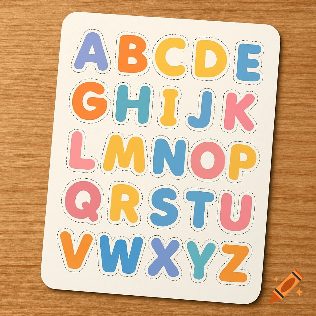 A white board with colorful, rounded alphabet letters (A-Z) with dotted cut lines, on a wooden table.