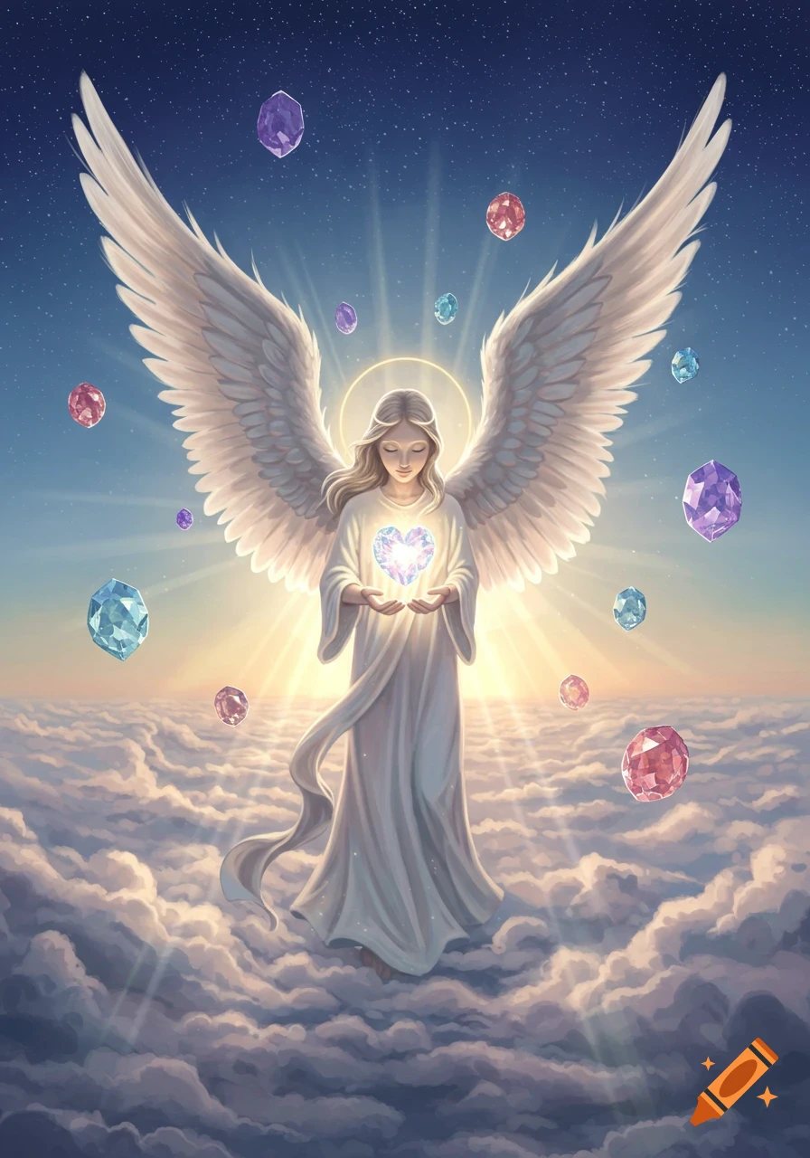 A luminous angel with large white wings floats above clouds in a starry sky, holding a sparkling heart, surrounded by colorful gems. Digital art.