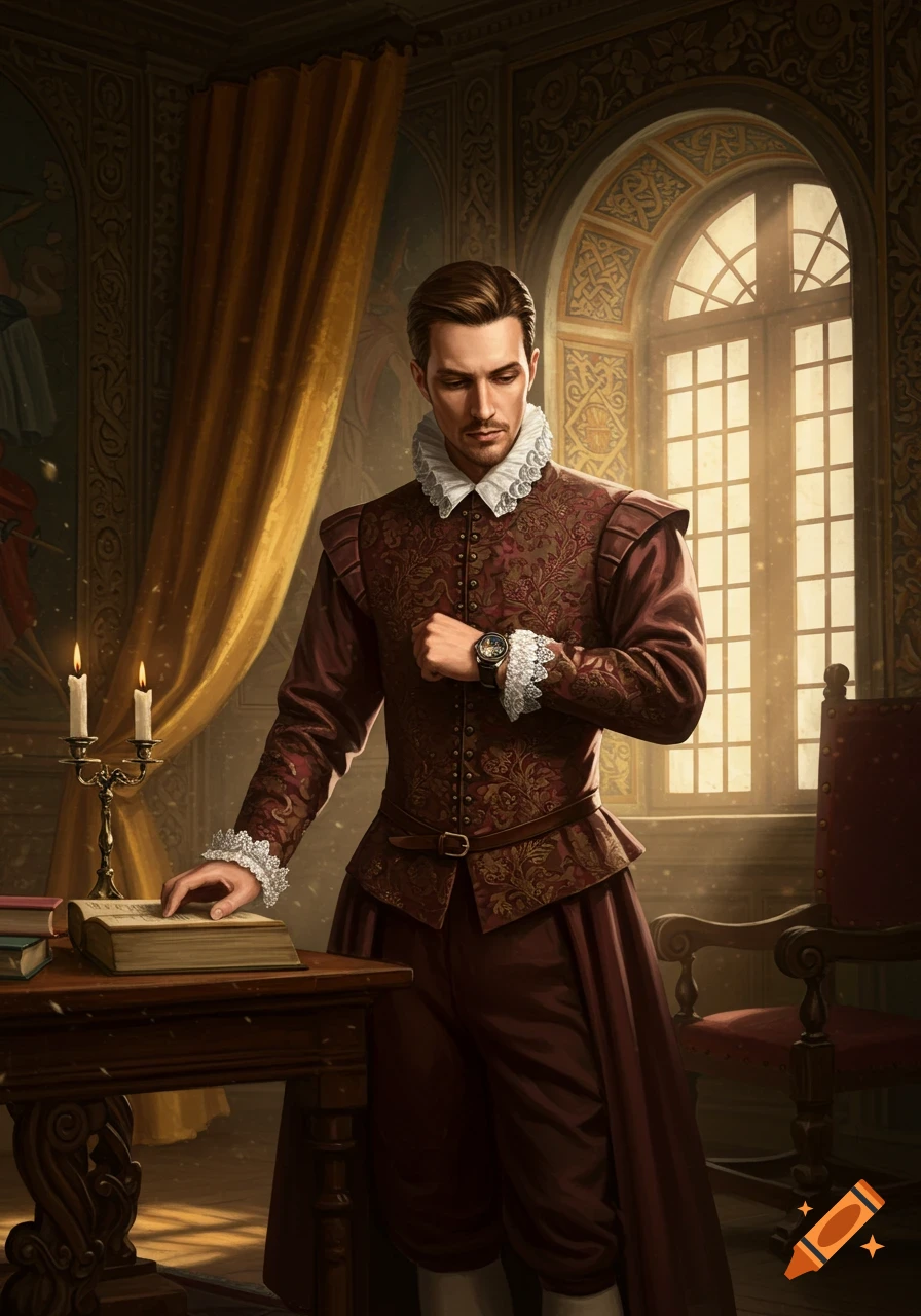 A distinguished Renaissance man in burgundy attire with a ruffled collar checks a wristwatch by a book-laden desk.