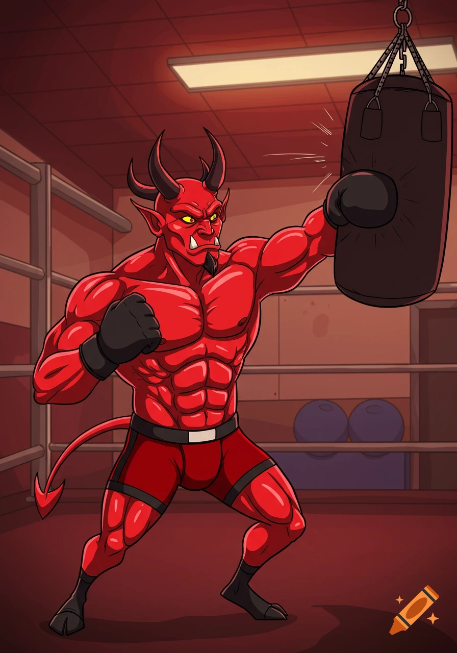 A muscular red demon with horns and a tail, wearing boxing gloves and red shorts, punches a black punching bag in a cartoon style.
