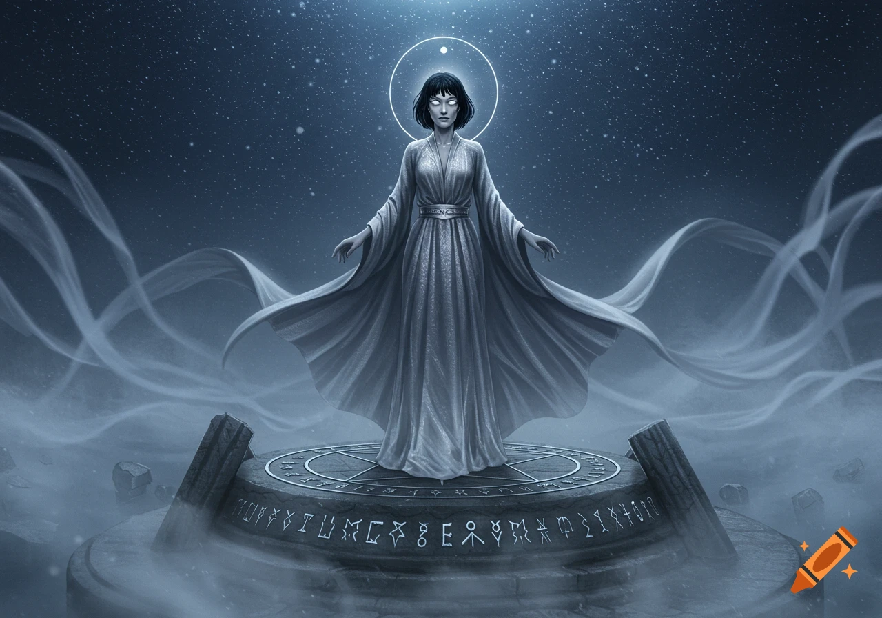A woman with short black hair and white eyes in a flowing gown stands on a stone platform with mystical runes under a starry night sky.