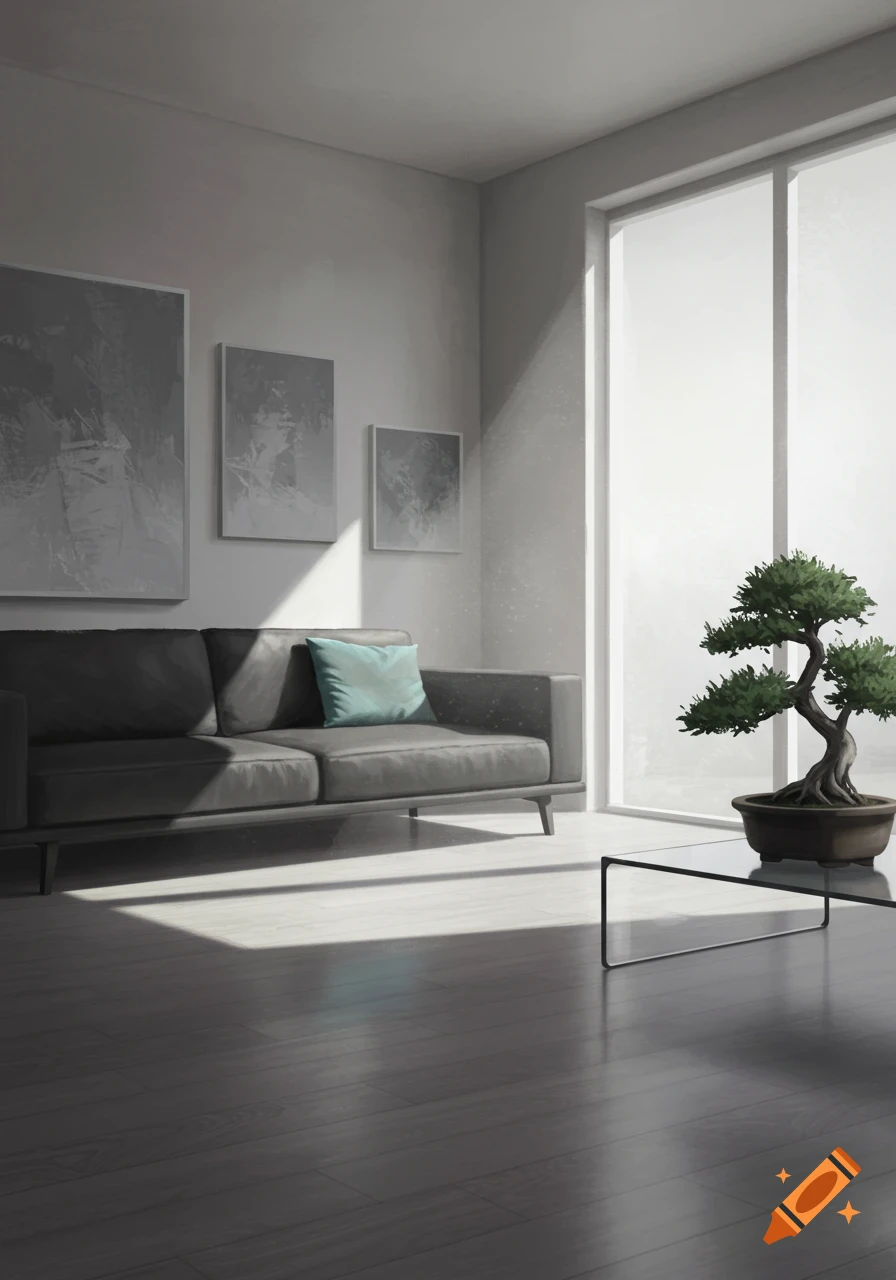 Modern living room with a grey sofa, light blue pillow, abstract art, glass coffee table, and a bonsai tree by large windows with sunlight.