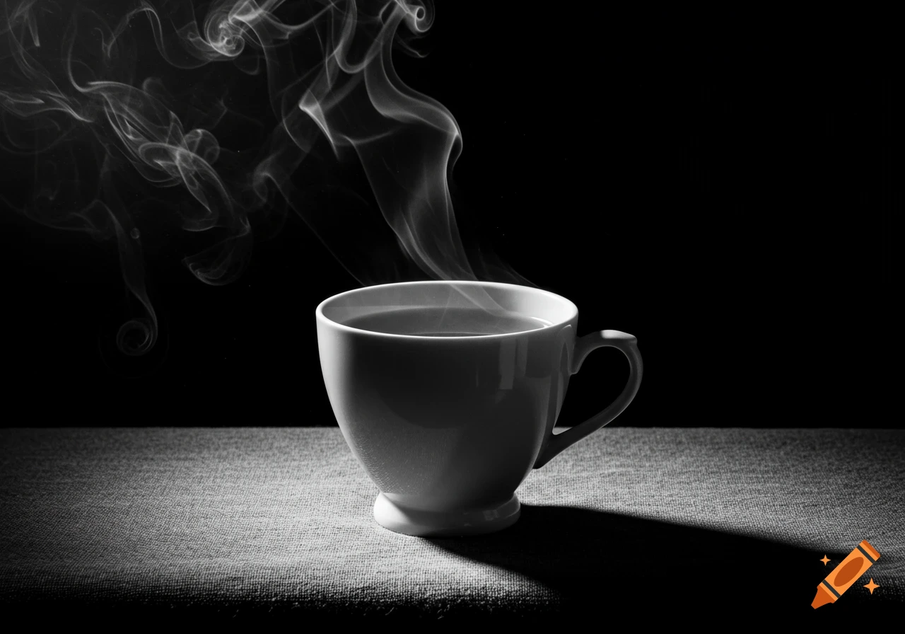 Black and white photo of a steaming cup of tea or coffee on a textured surface, dramatically lit.