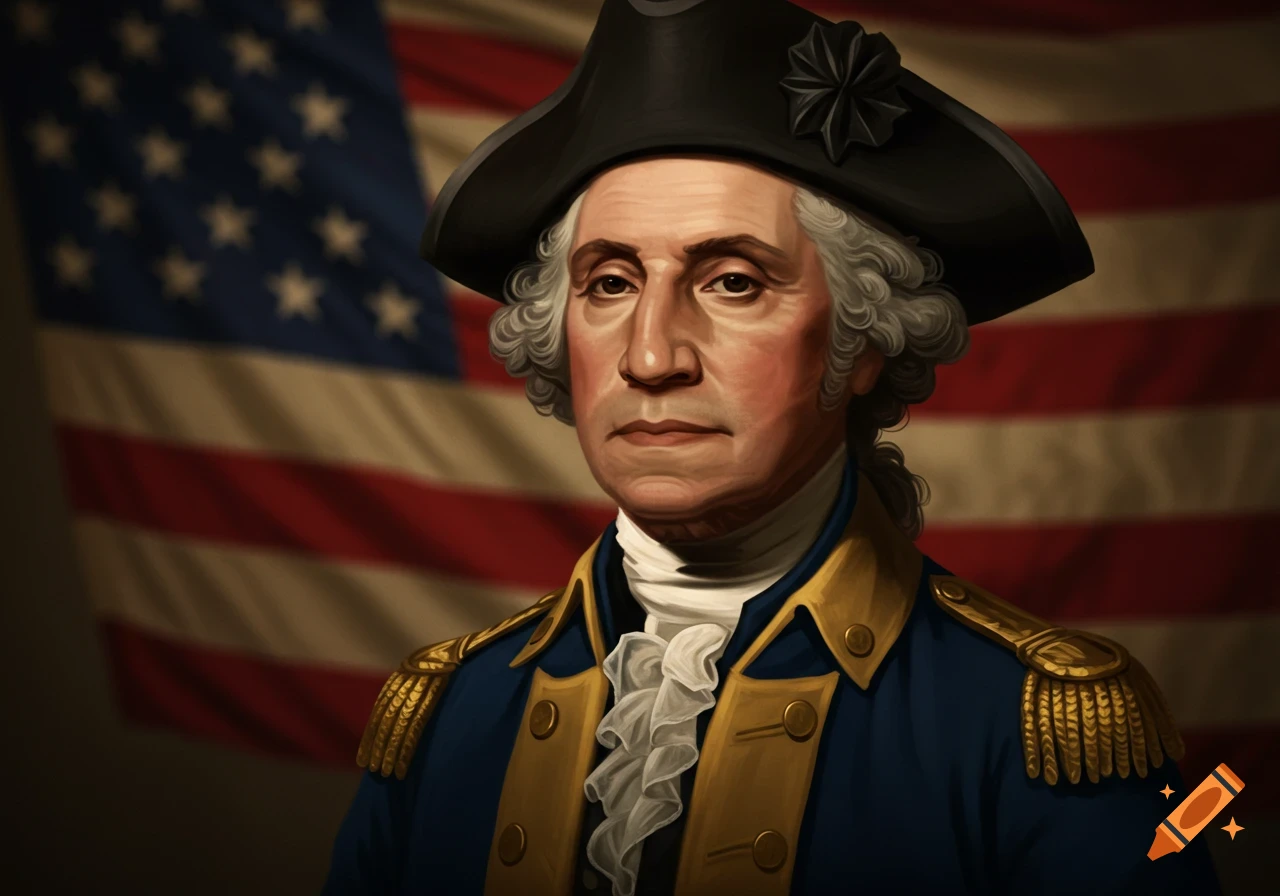 Stylized portrait of George Washington with darker skin in a military uniform and tricorn hat, American flag in background.