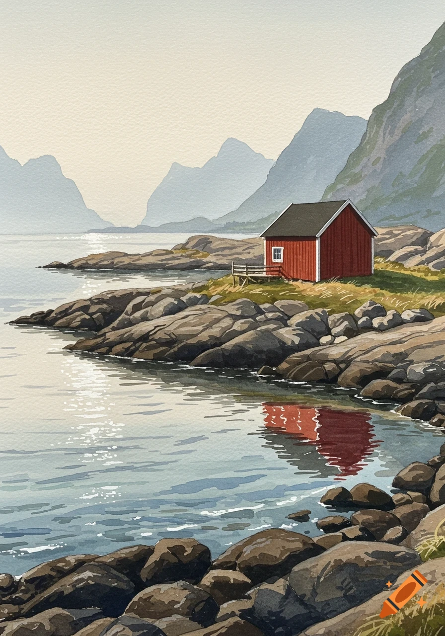 Watercolor painting of a red house on a rocky coastline with mountains and reflections in the sea, under soft light.