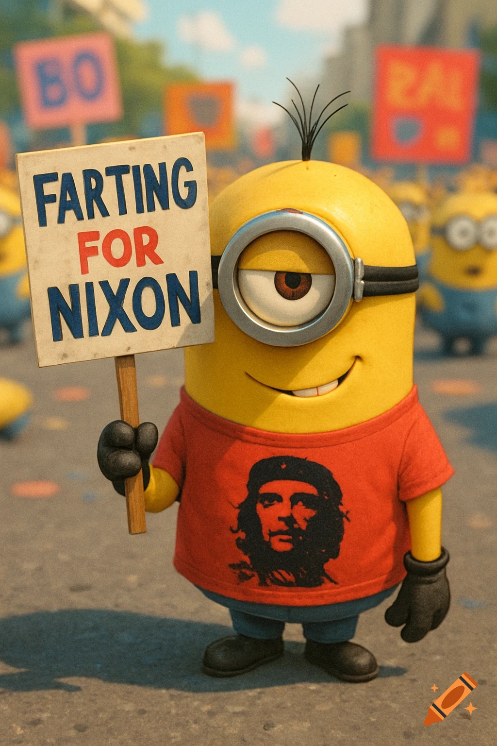 A Minion from Despicable Me, wearing a red Che Guevara shirt, holds a sign saying 'FARTING FOR NIXON' in a street protest scene.