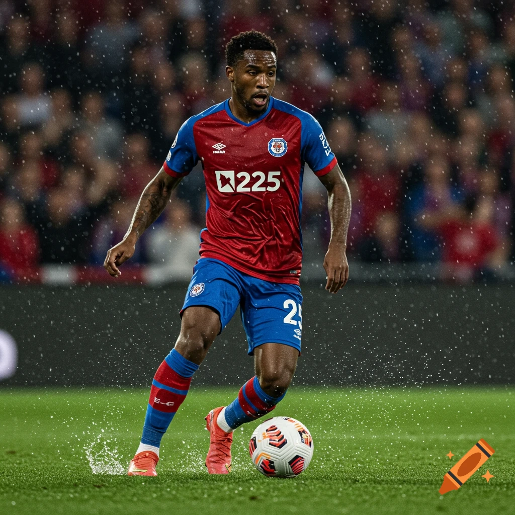 A dark-skinned male soccer player in a red and blue jersey with the number 25 dribbles a ball on a rainy field.