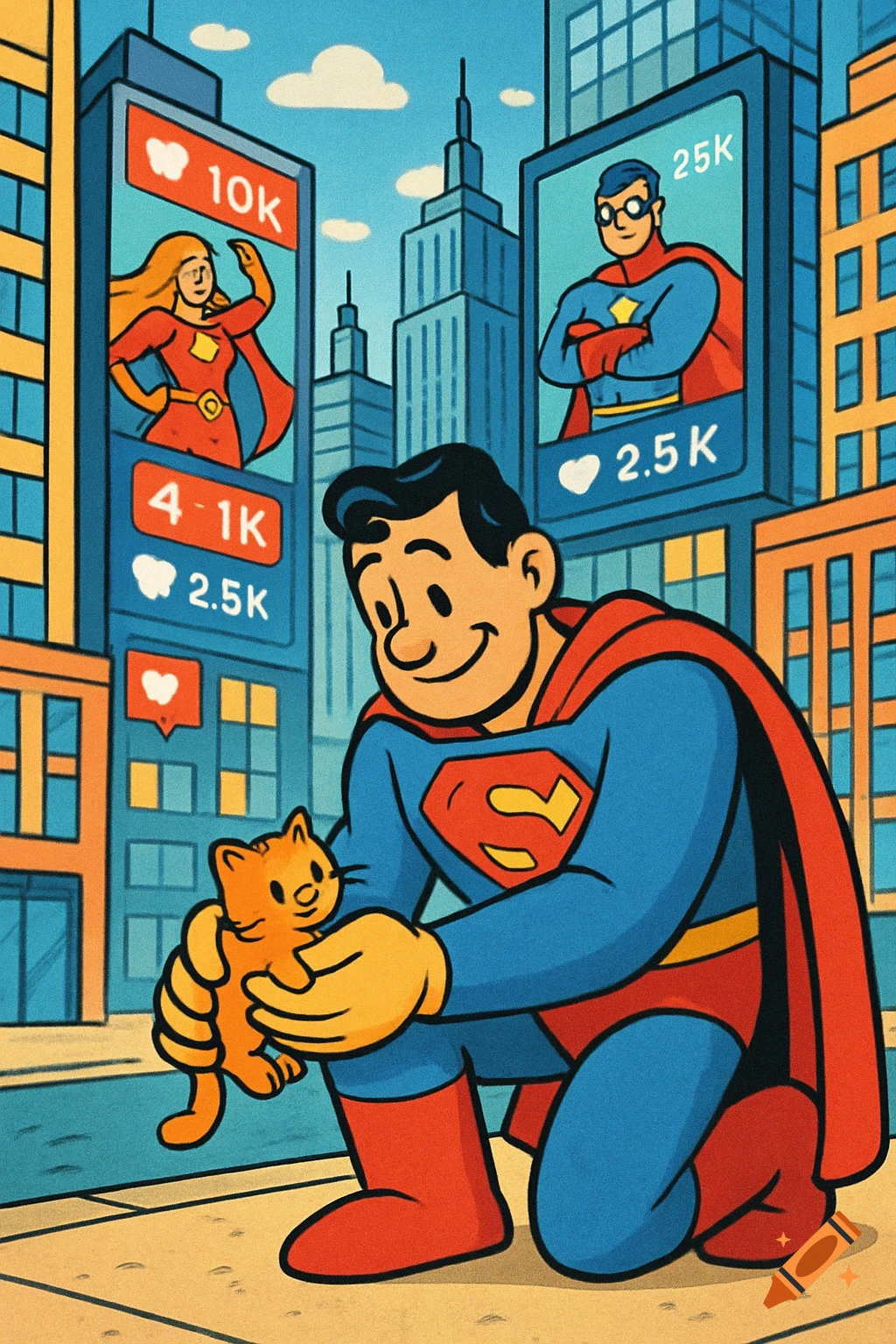 Cartoon superhero in blue and red suit holding a kitten in a city with social media screens.