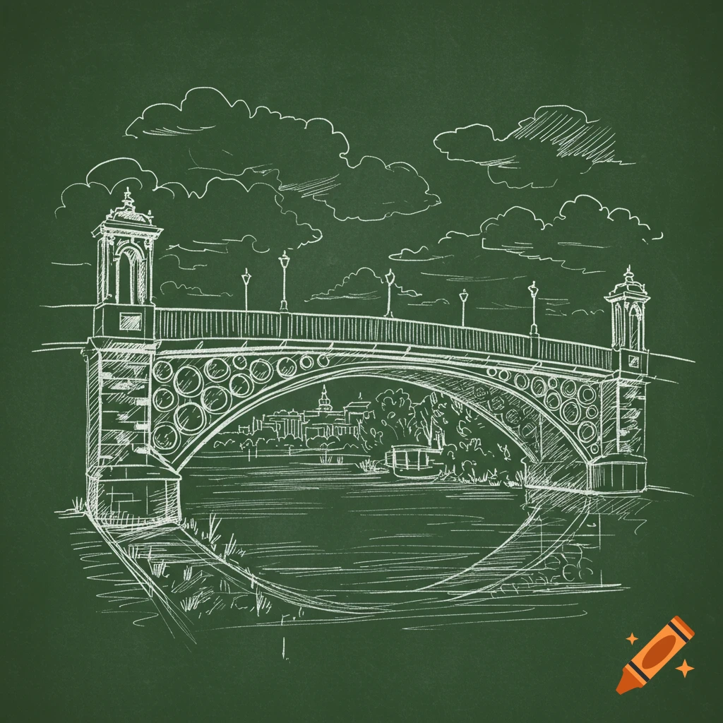 White chalk sketch of a bridge over water with a city skyline in the background, on a green chalkboard.