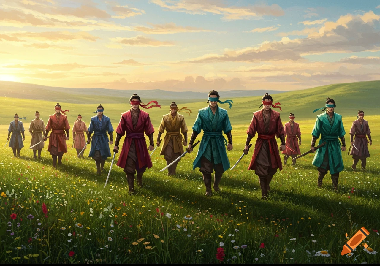 Twelve blindfolded swordsmen in colorful robes walk across a vibrant green field filled with wildflowers at sunset.
