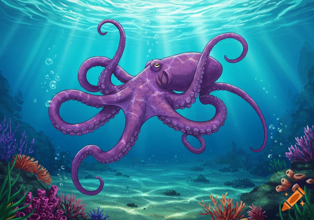 Vibrant illustration of a purple octopus swimming in clear blue water with light rays and coral.