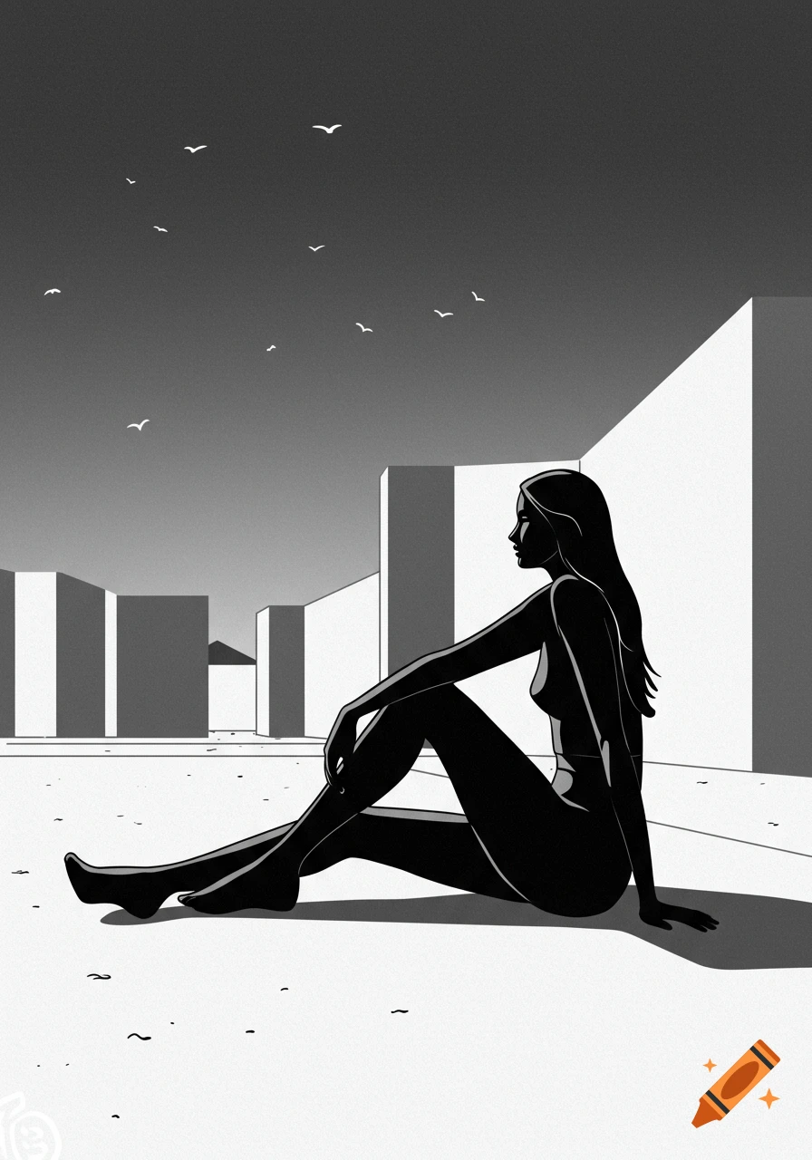 Minimalist black and white illustration of a woman sitting on the ground with abstract buildings and birds.