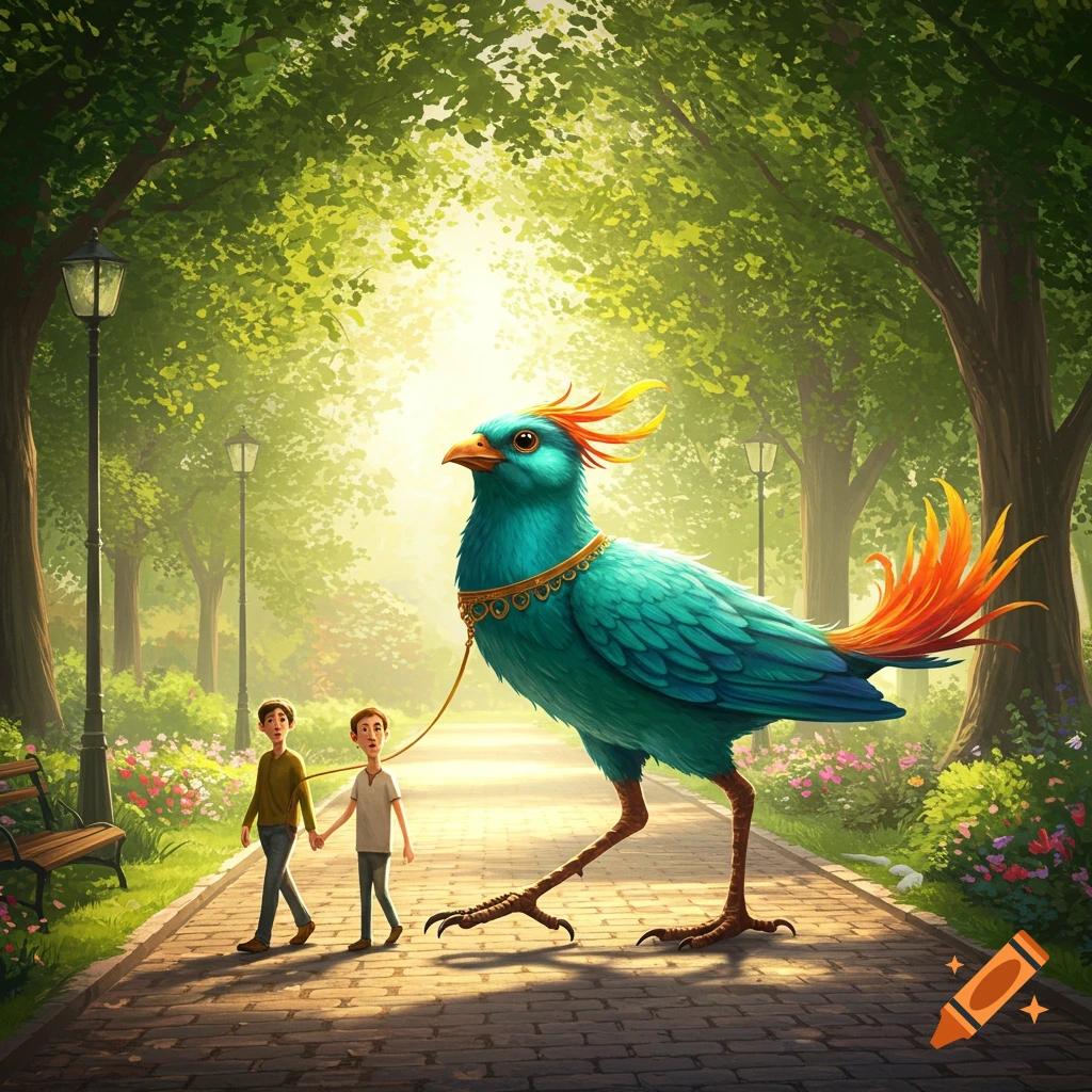 Two young boys walk a giant blue and orange fantasy bird on a leash down a sunny, tree-lined park path in an illustrated style.