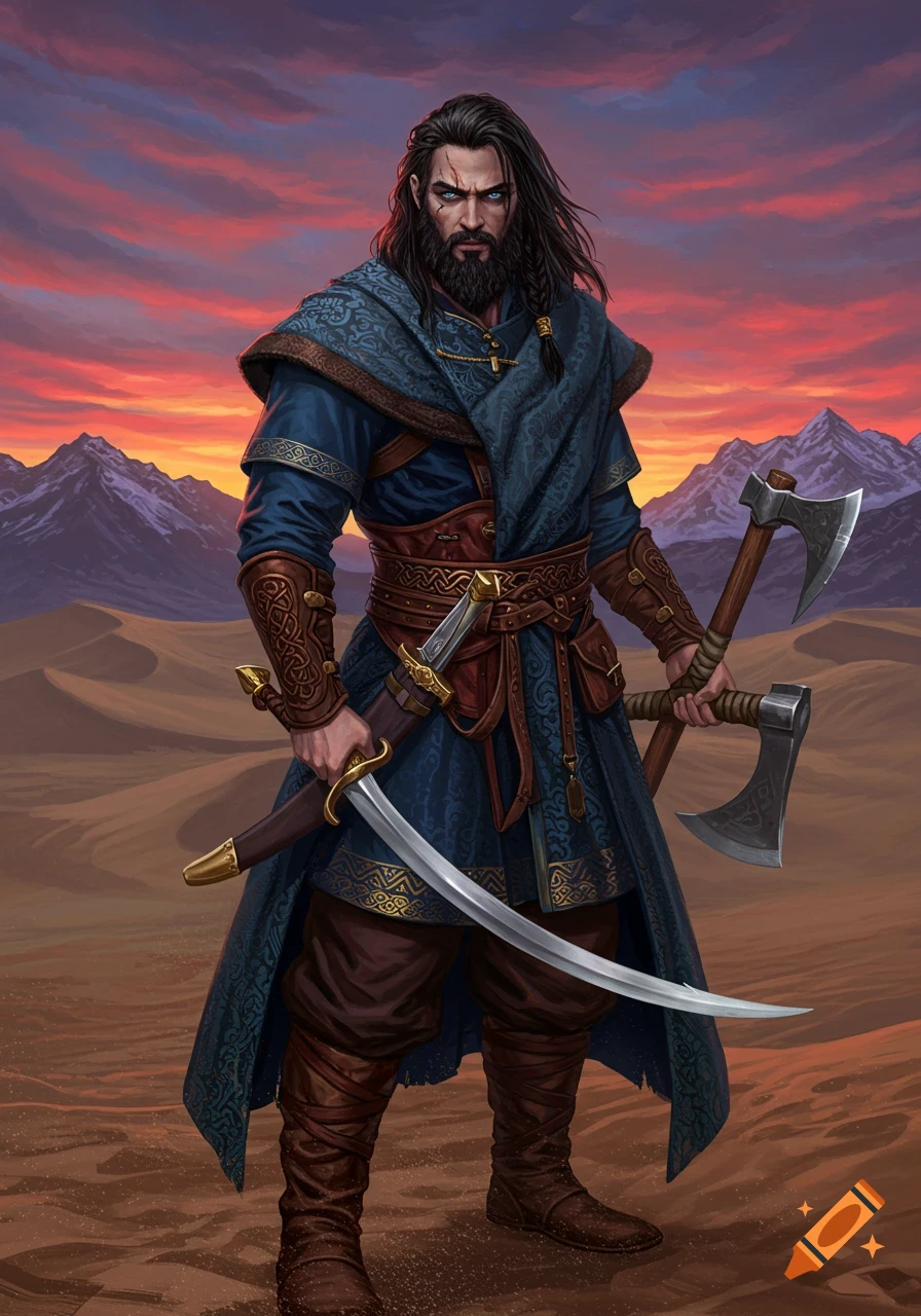 A formidable, dark-haired warrior with a beard and blue eyes, holding a curved sword and two axes in a desert sunset.