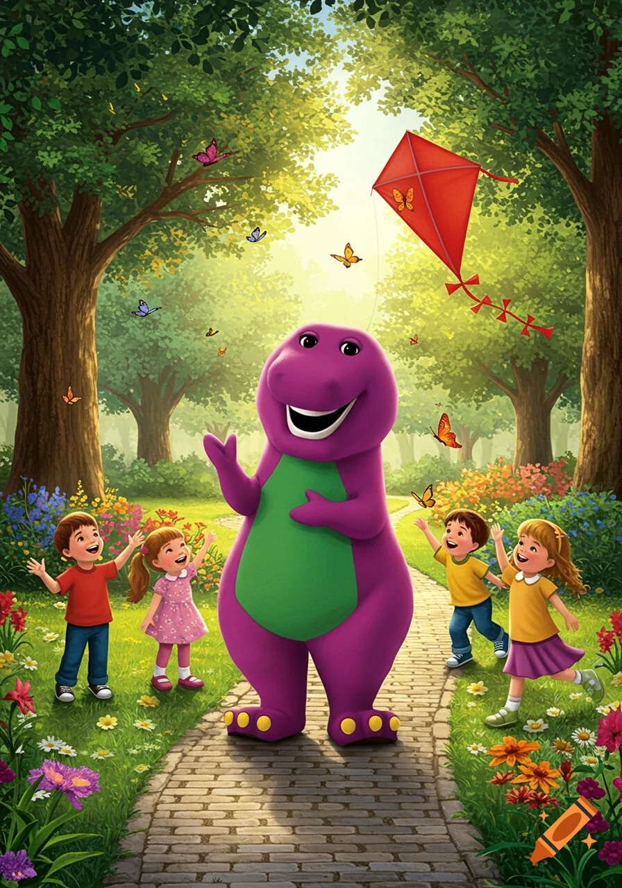 Barney the dinosaur waves with happy children in a sunny, colorful park with trees, flowers, butterflies, and a red kite flying.