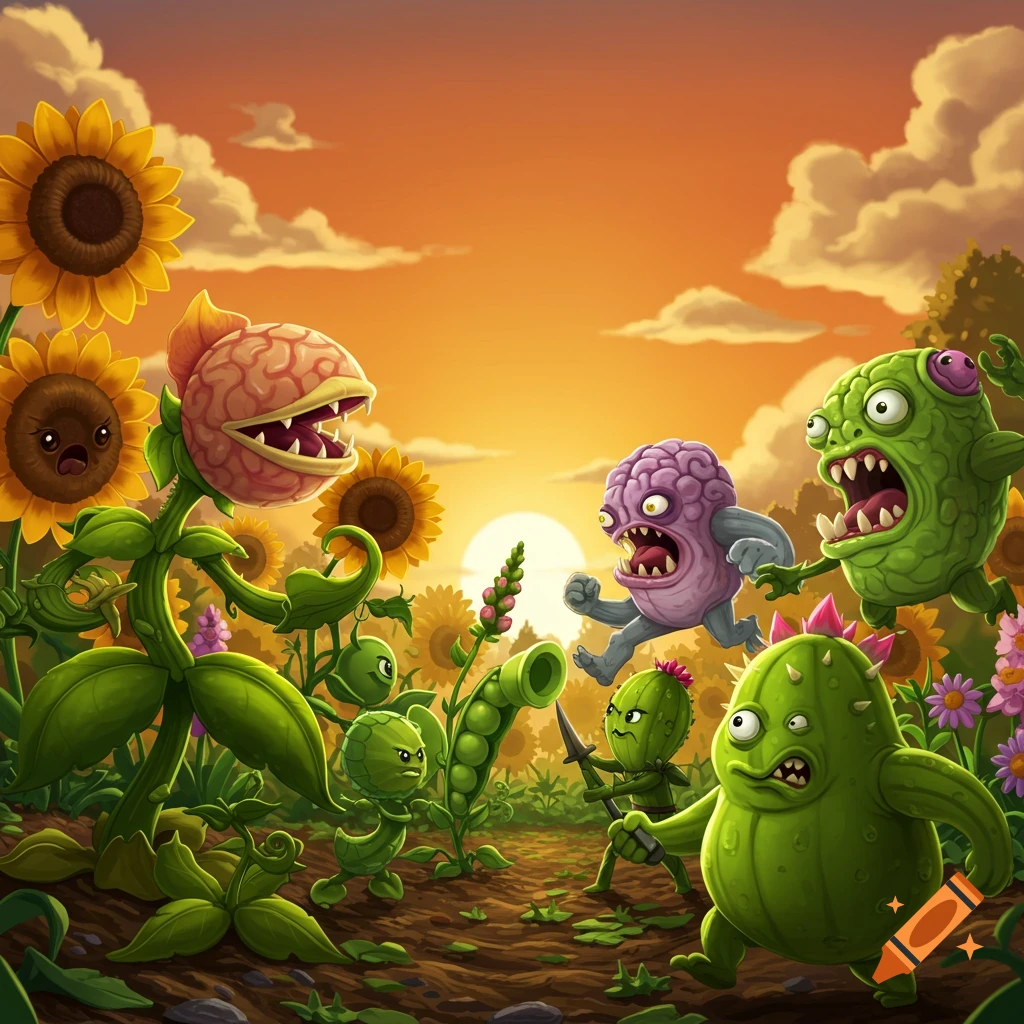 Cartoon battle between monstrous plants and zombie-like 'brainrots' in a vibrant sunflower field at sunset, game art style.